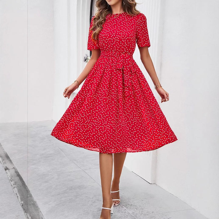 Damen Midikleid mit elegantem Punktedesign und Taillengürtel Drune