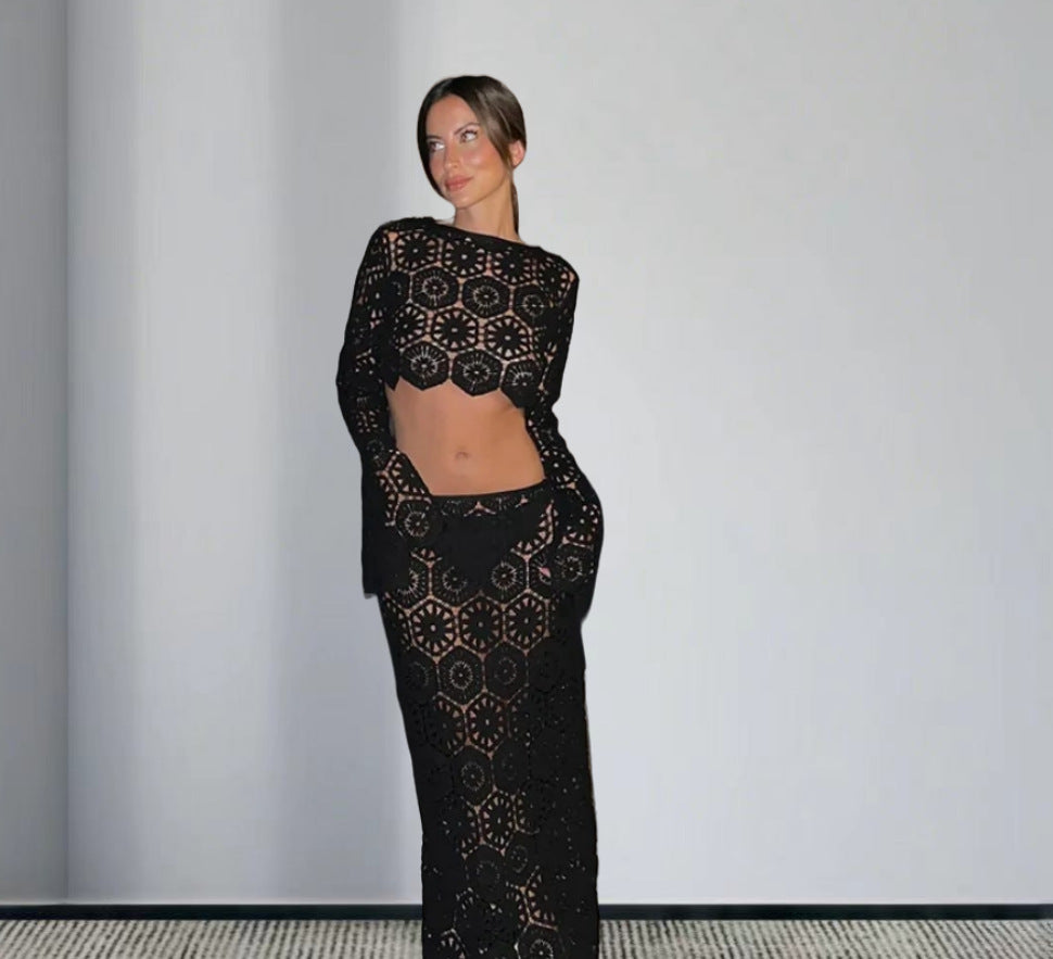 Damen Cropped Häkel-Oberteil und Maxi-Rock Set Drune