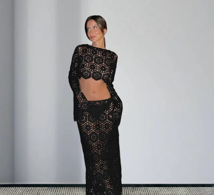 Damen Cropped Häkel-Oberteil und Maxi-Rock Set Drune