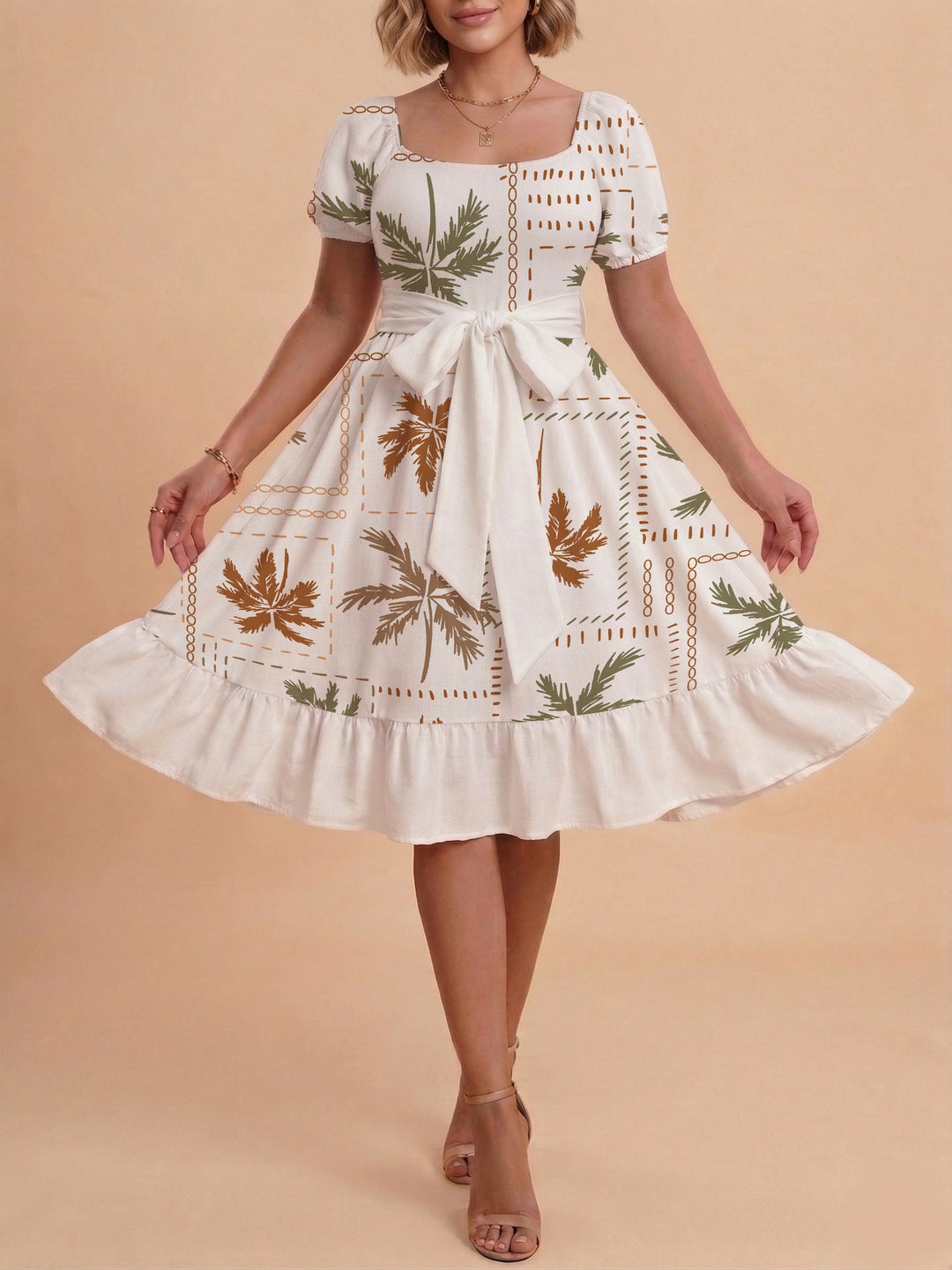 Damen Sommerliches Blumenkleid mit taillierbarem Gürtel und voluminösen Ärmeln Drune