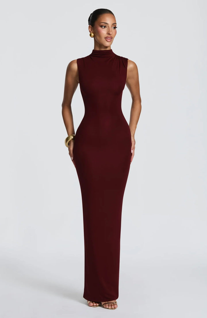 Damen Elegantes langes Kleid mit hohem Kragen und figurbetonter Silhouette Drune