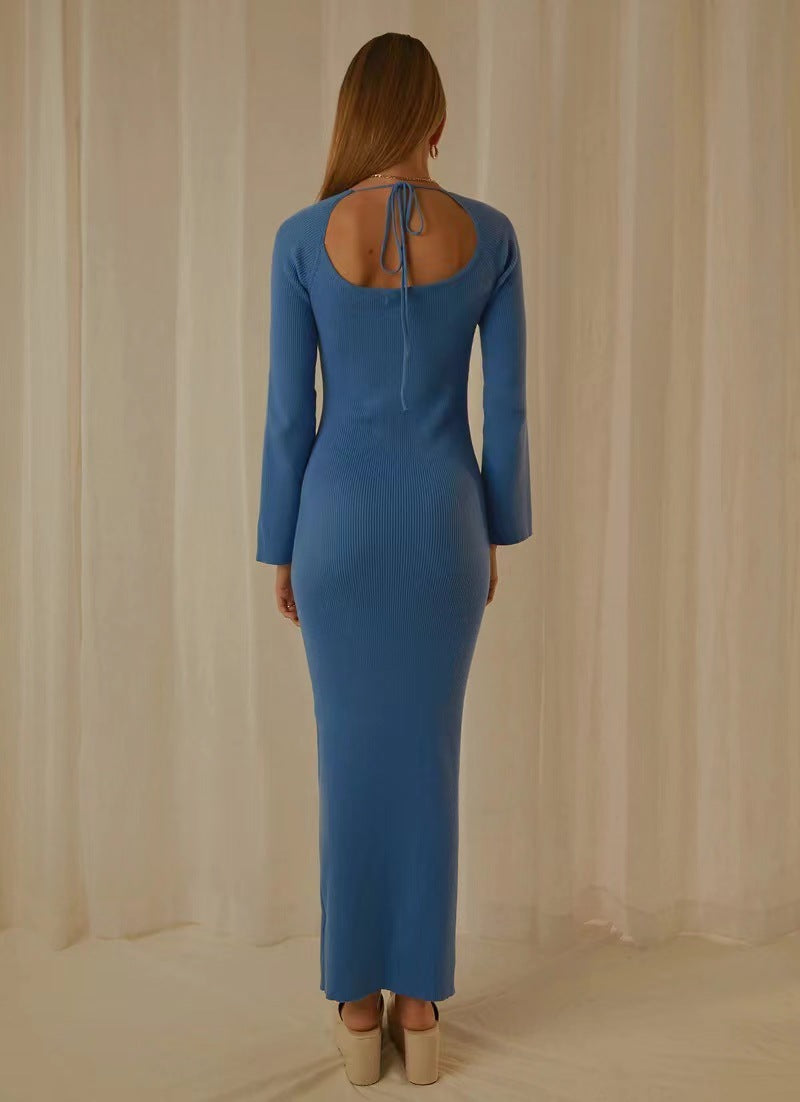 Damen elegantes Maxikleid mit tiefem Rundhals und modernen Trompetenärmeln Drune