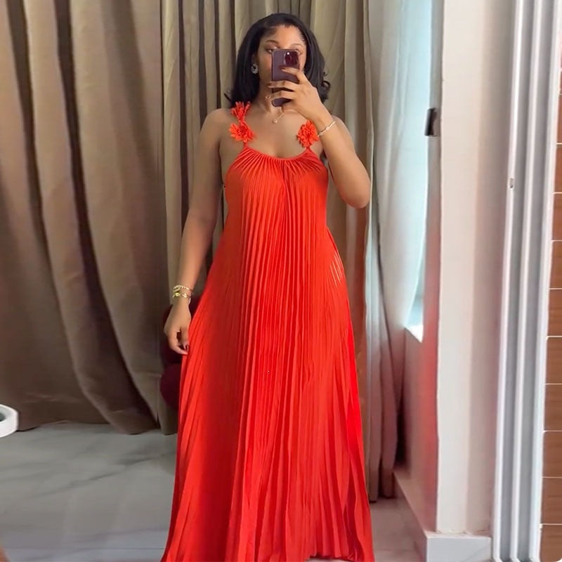 Damen Elegantes Maxikleid mit lässigem Faltenwurf und dekorativen Schulterblüten Drune