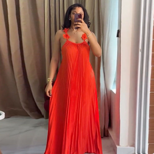 Damen Elegantes Maxikleid mit lässigem Faltenwurf und dekorativen Schulterblüten Drune