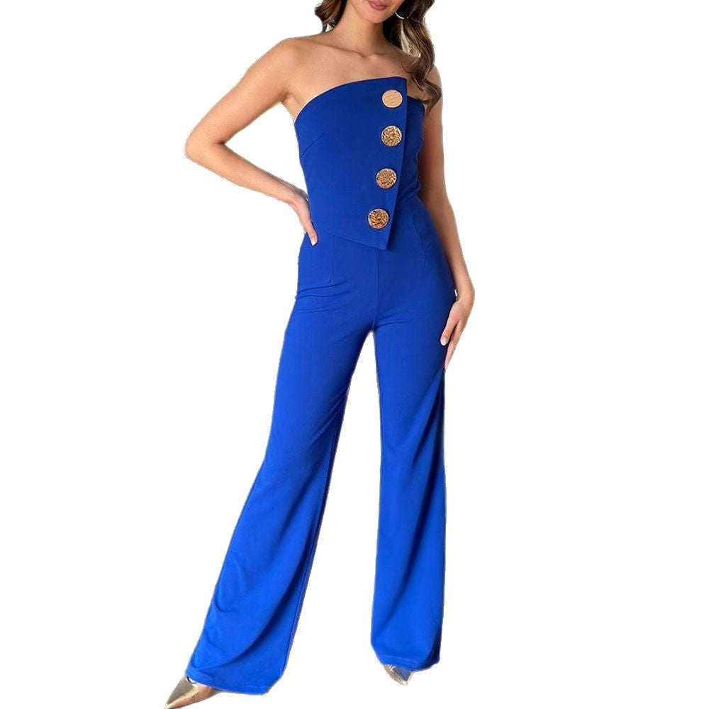 Damen Eleganter Jumpsuit mit schulterfreien Design und dekorativen Knöpfen Drune