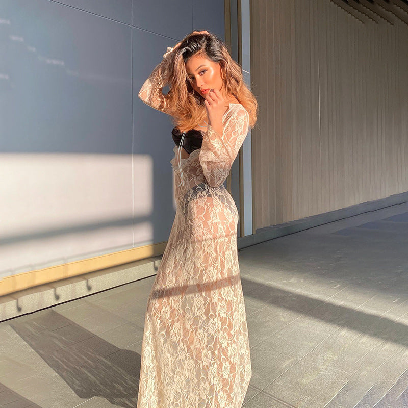 Damen elegantes Spitzenkleid mit tiefer Rückenansicht und langen Ärmeln Drune