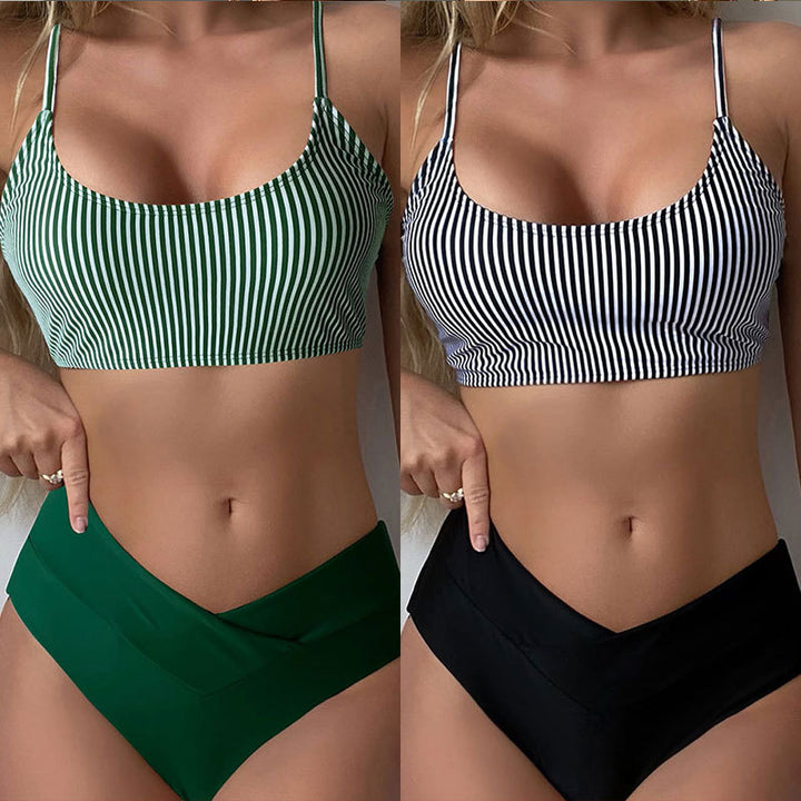 Damen Sport-Bikini-Set mit Streifenmuster und Hoher Taille Drune