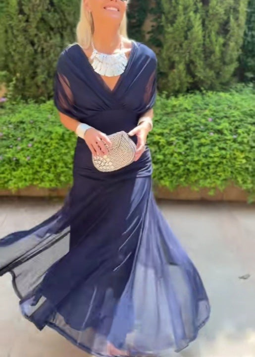 Damen nan fließendes Abendkleid mit transparentem Chiffon-Capelet, V-Ausschnitt und taillierter Drapierung Drune