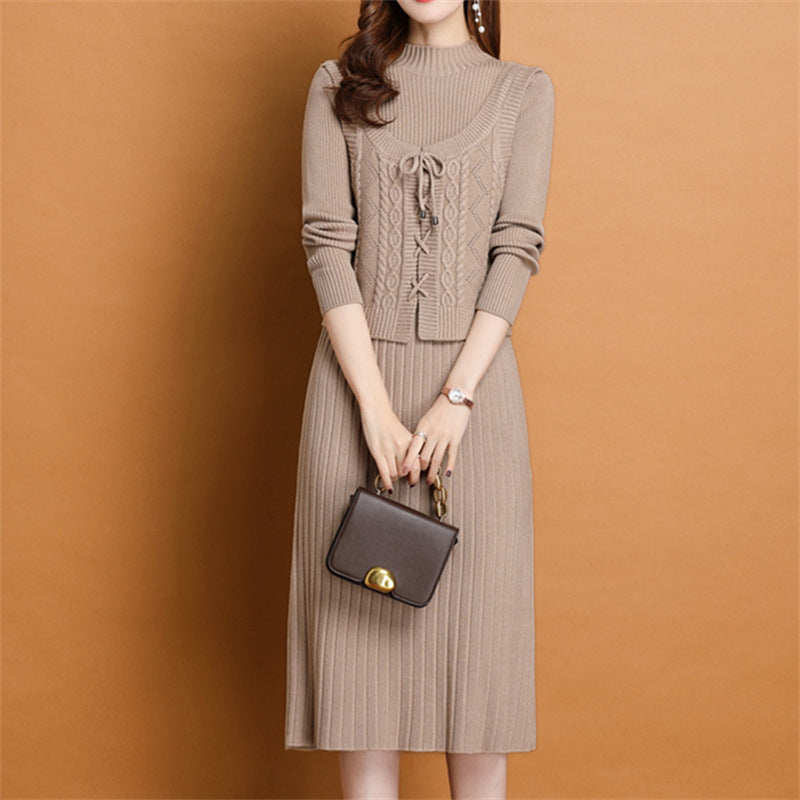 Damen elegantes Strickkleid mit hochgeschlossenem Kragen und dekorativem Zopfdesign Drune