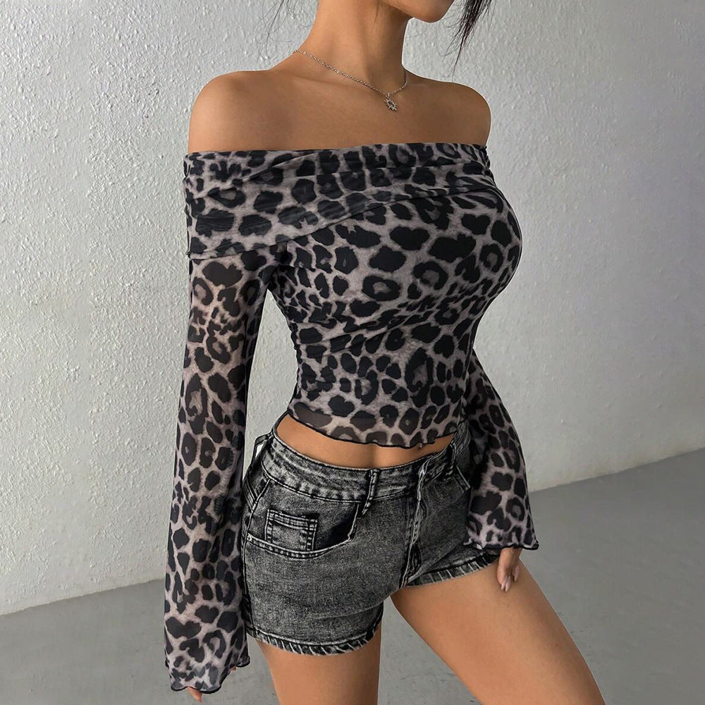 Damen Off-Shoulder Top mit geflammten Ärmeln und Leoprint Drune