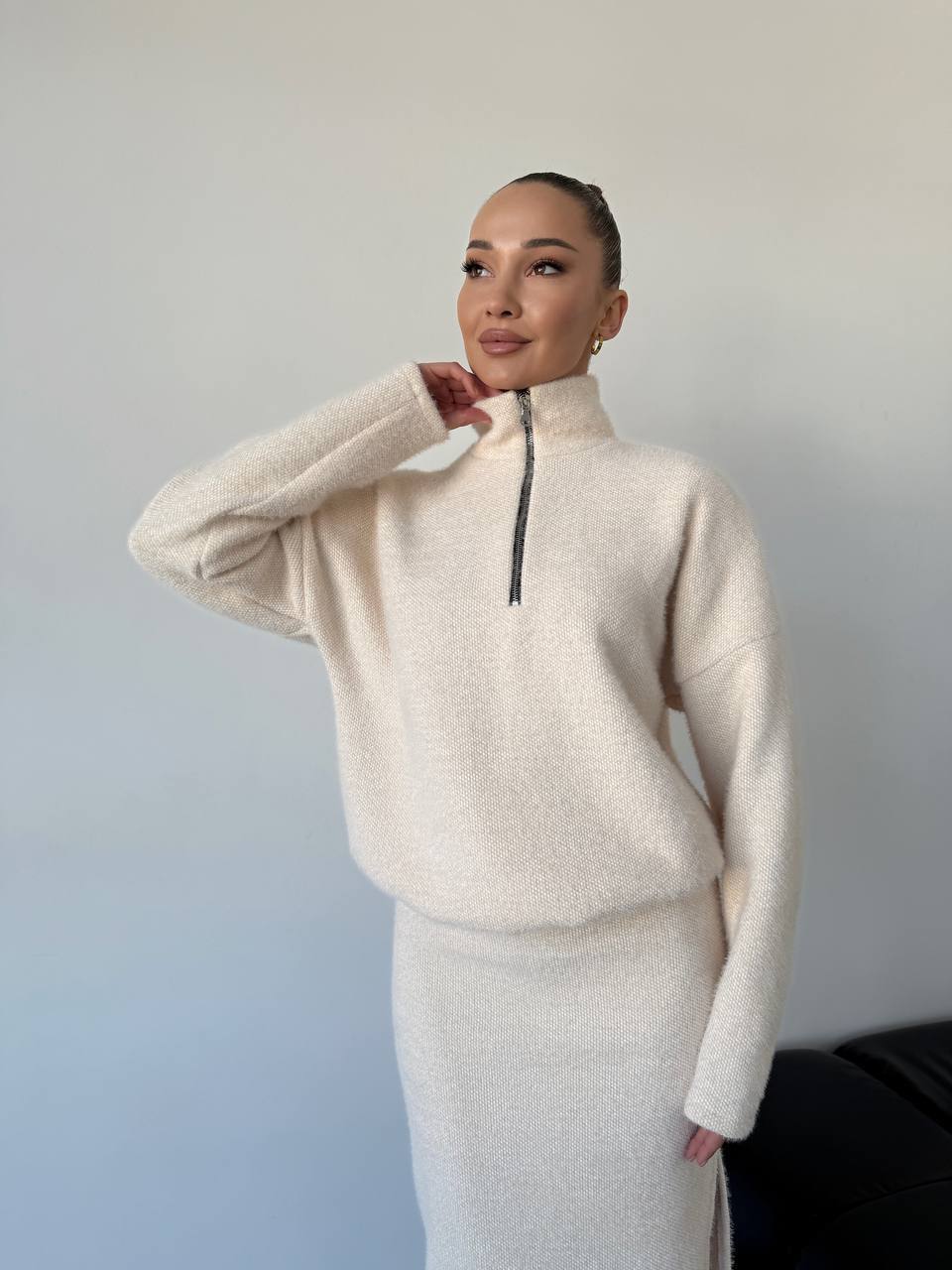 Damen Modischer Strickpullover mit kurzem Reißverschluss Drune