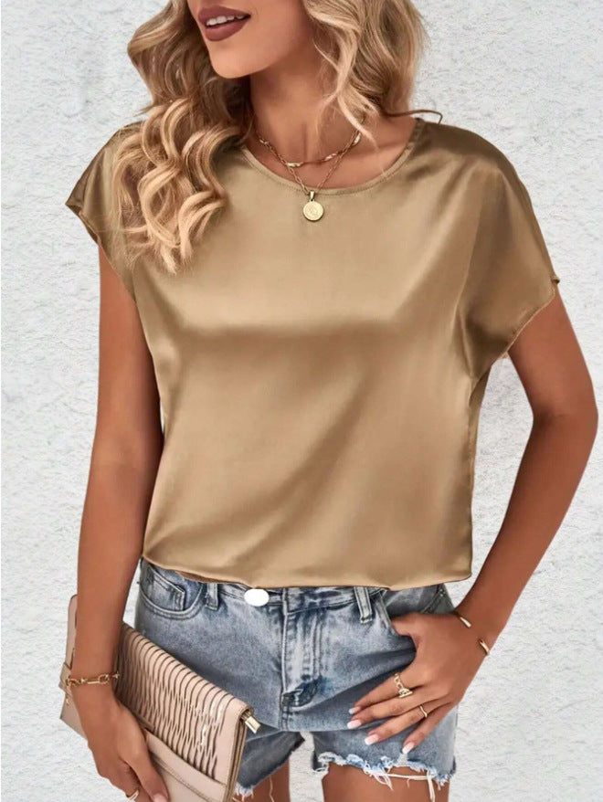 Damen Elegantes Satinoberteil mit lässigem Schnitt und kurzen Ärmeln Drune