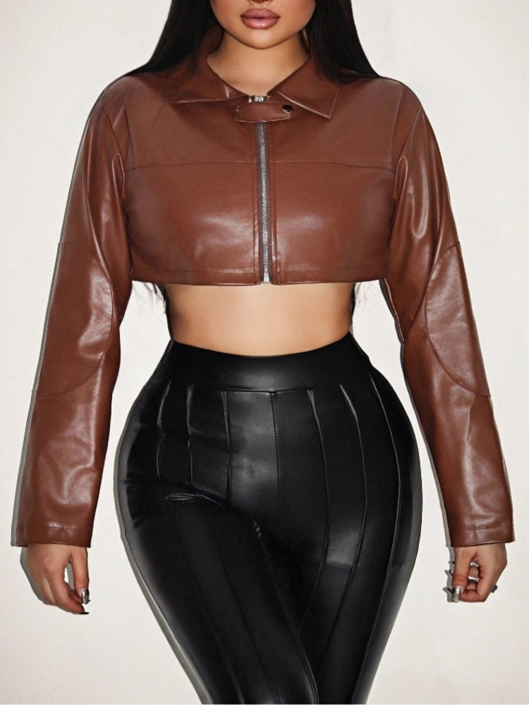 Damen cropped Kunstlederjacke mit innovativem Reißverschluss Drune
