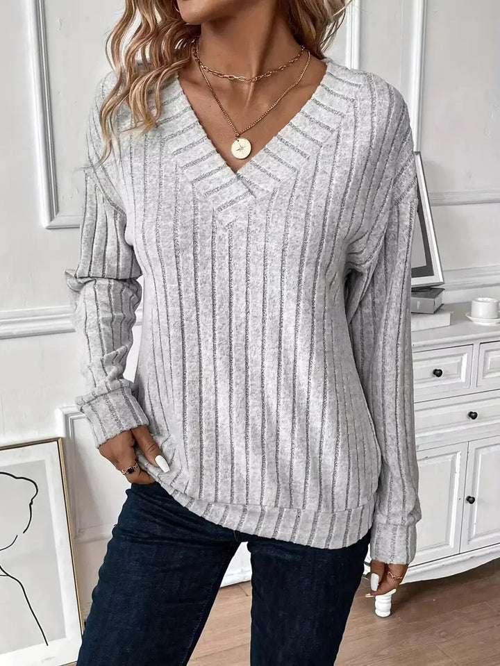 Damen Eleganter V-Ausschnitt Strickpullover mit Rippdesign Drune