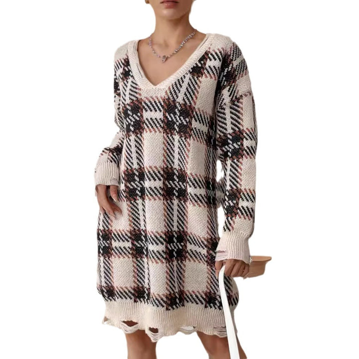 Damen Oversized V-Ausschnitt Pullover mit kariertem Muster Drune