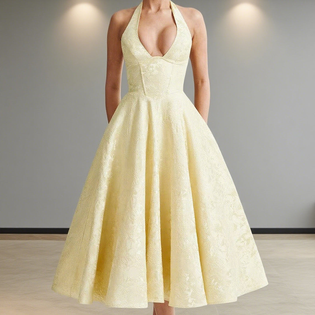 Damen Elegantes Hochzeitskleid mit schwingendem Rock und tiefem V-Ausschnitt Drune