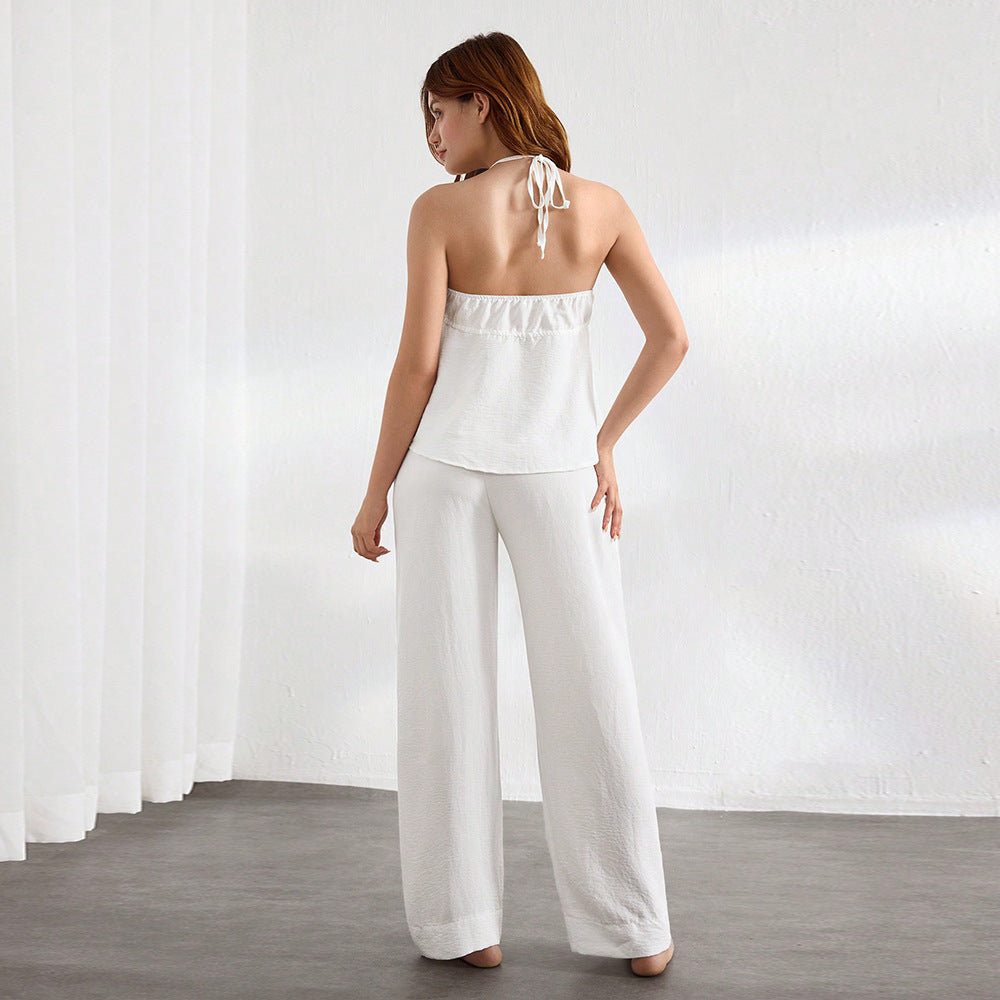 Damen lässiges Zweiteiler-Set mit stimmungsvollem Haltertop und weiten Hosen Drune