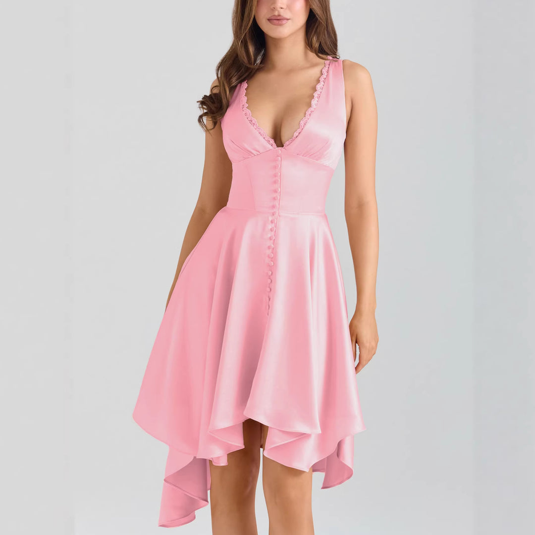 Damen Verspieltes Abendkleid mit asymmetrischem Saum und zarten Knopfdetails Drune