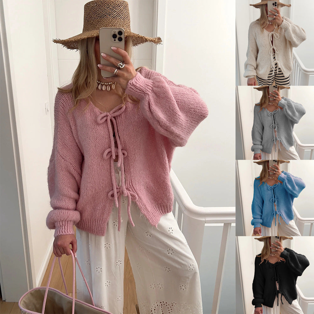 Damen Wadenlanger Strickcardigan mit Kordelzug Drune