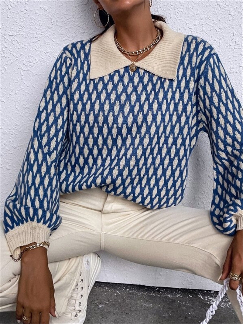 Damen Designer Pullover mit Kontrastkragen Drune