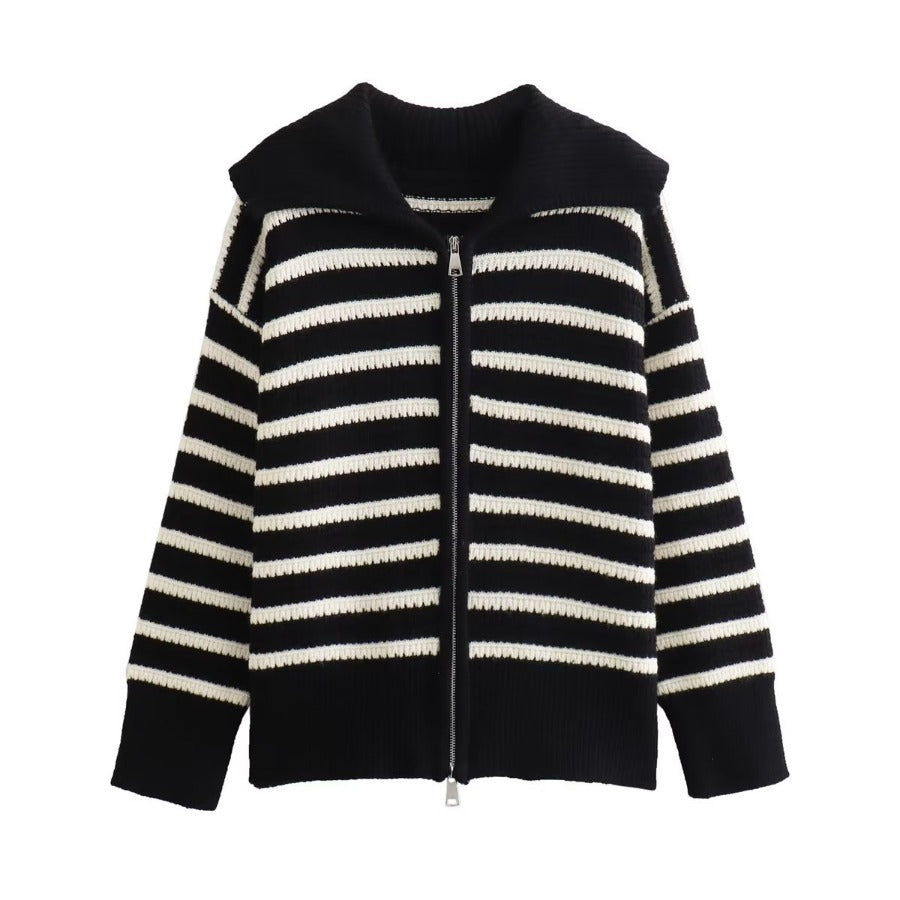 Damen gestreifte Strickjacke mit modernem Reißverschluss Drune