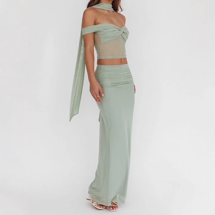 Damen elegantes Wickelkleid mit schulterfreiem Oberteil und drapierter Silhouette Drune