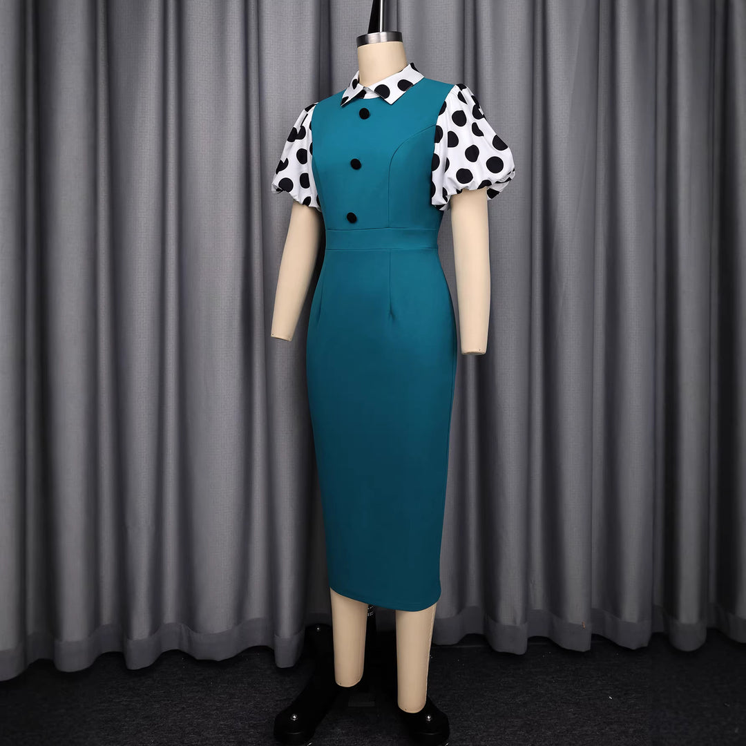 Damen figurbetontes Midi-Kleid mit polka-dot Ärmeln Drune