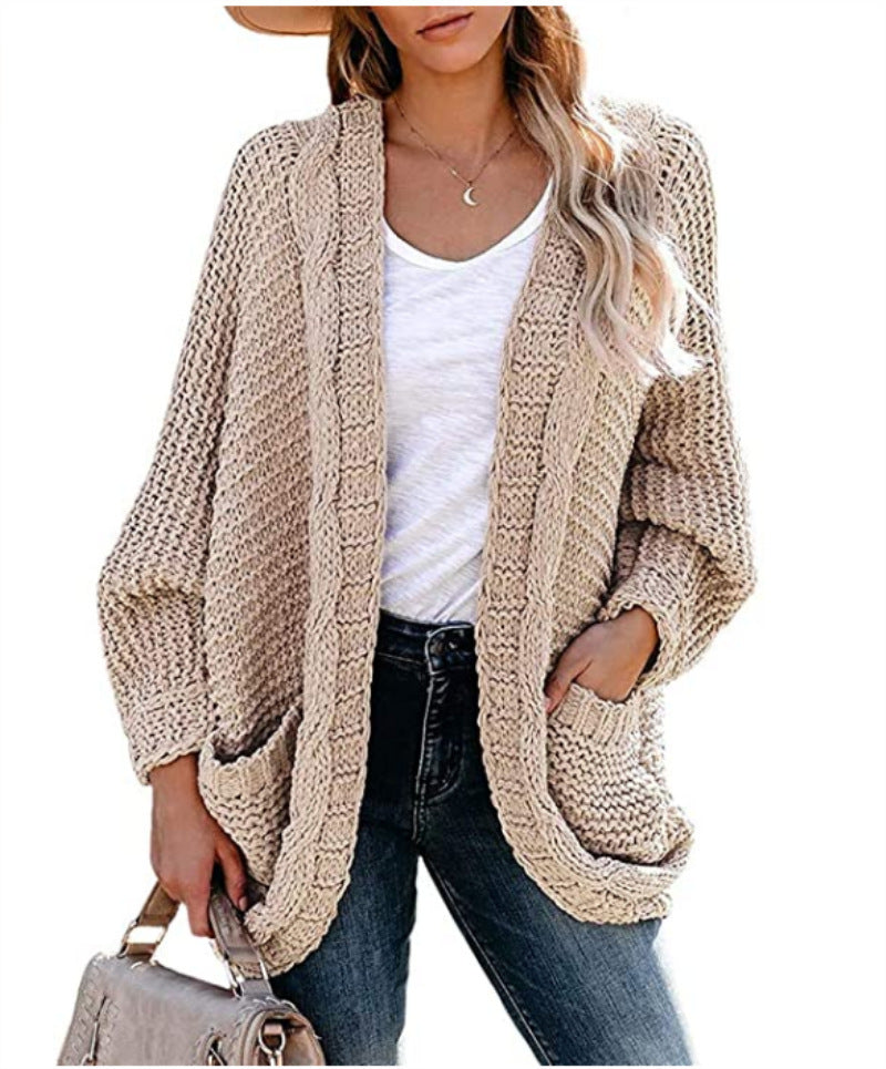 Damen Grobstrick-Cardigan mit lässigen Taschen und voluminösen Ärmeln Drune