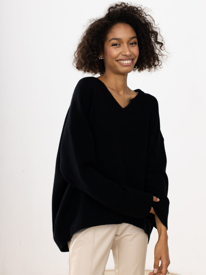 Damen Viskose-Pullover mit tiefem V-Ausschnitt und breiten Bündchen Drune