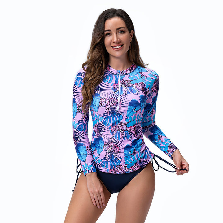 Damen Langarm Rashguard mit stylischem Flora-Muster und seitlichen Kordelzügen Drune