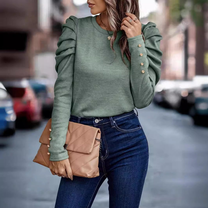 Damen entspannter Pullover mit modischen Rüschendetails und hochgelegten Ärmeln Drune