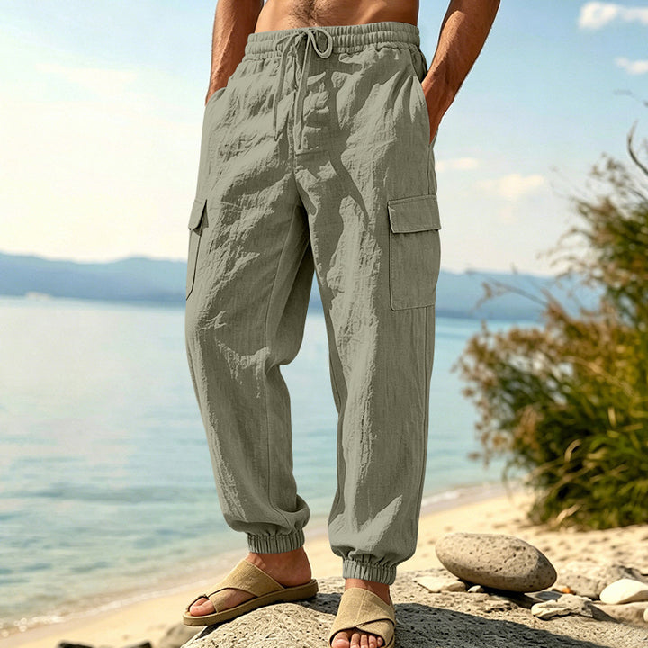 Herren nan leichte Cargo-Joggerhose aus Leinenmischung mit elastischem Tunnelzugbund, aufgesetzten Klappentaschen und gerippten Beinabschlüssen Drune