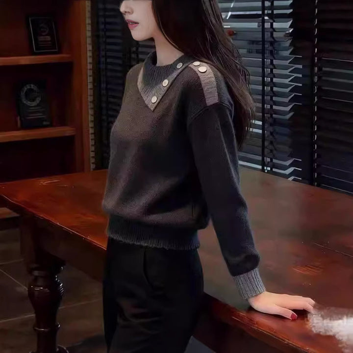 Damen Modischer Piqué Pullover mit Knopfdetails Drune