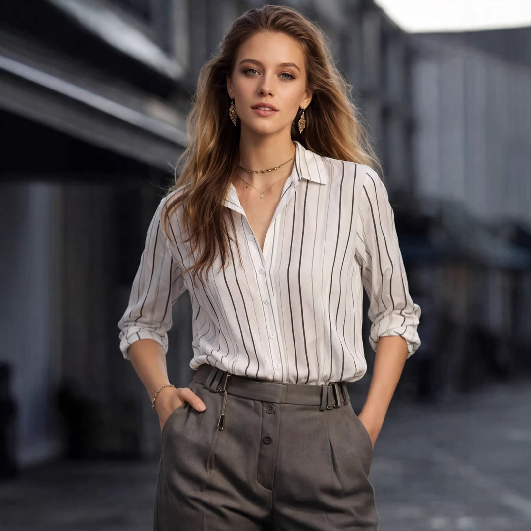 Damen Langarm-Bluse mit feinen Streifen und klassischem Kragen Drune