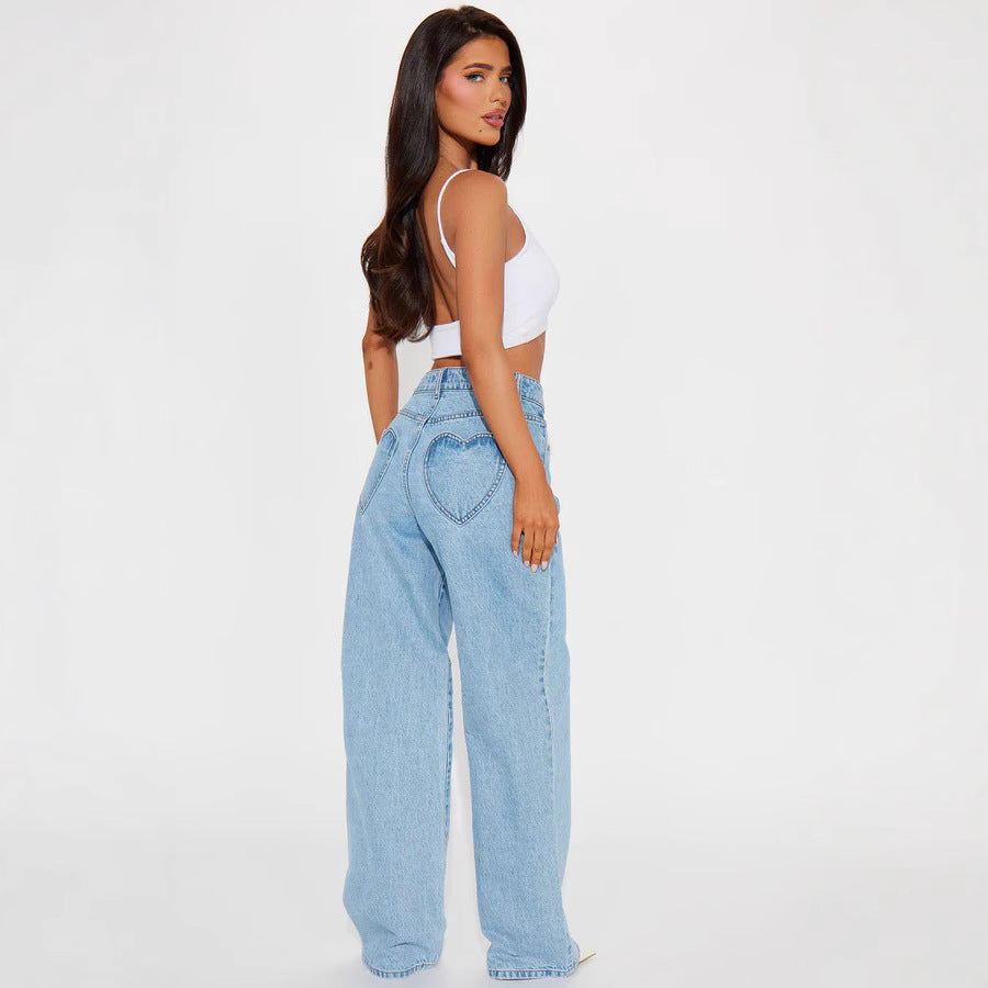 Damen nan hochgeschnittene Weitbein-Jeans mit taillierendem Bund, klassischem Five‑Pocket‑Schnitt und fließendem Bein Drune