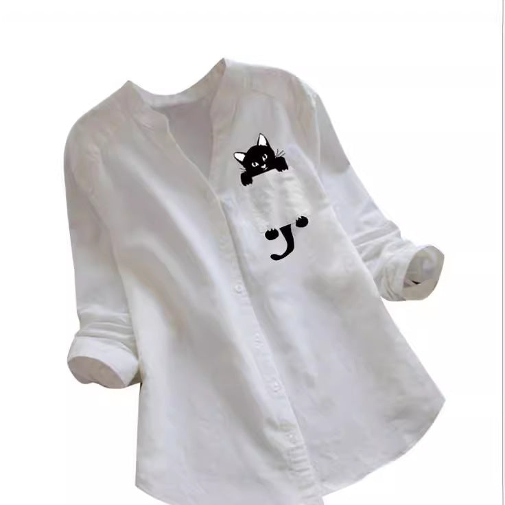 Damen trendige Bluse mit lustigem Katzenmotiv Drune