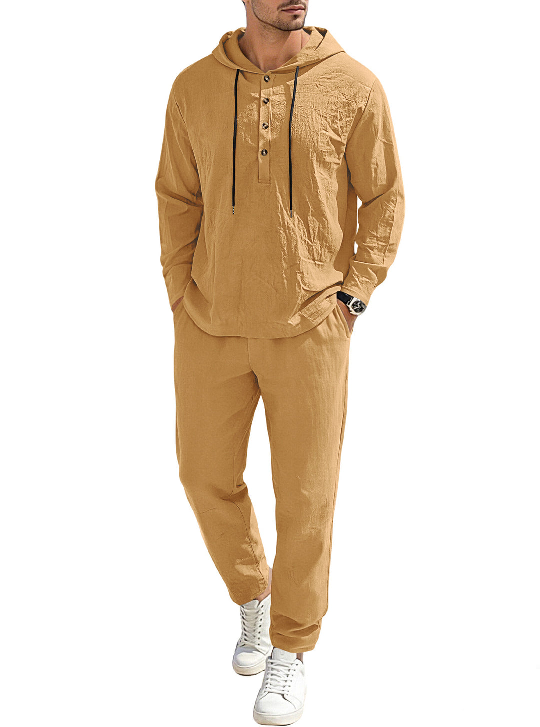 Herren nan entspannter Kapuzen-Henley Freizeitanzug aus leichter Baumwollmischung in Leinenoptik mit Kordelzug und elastischer Bundhose Drune