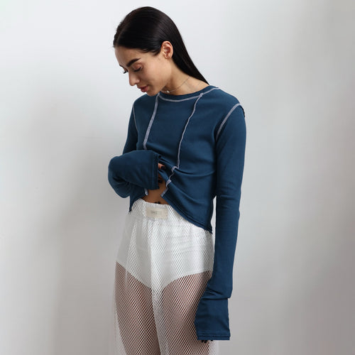 Damen lässiges Langarmoberteil mit retro inspirierten Rippstruktur und Kontrastnähten Drune