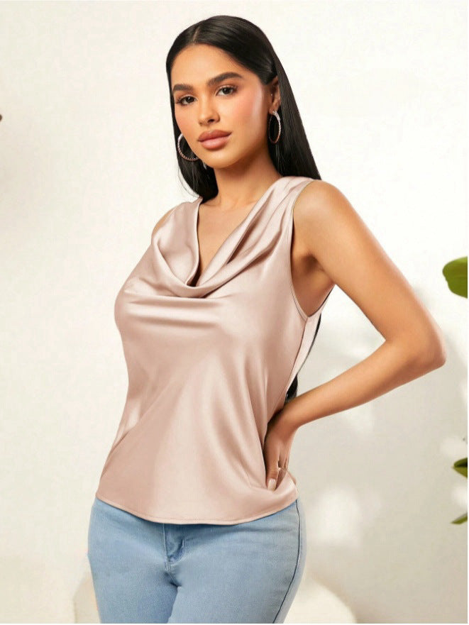 Damen Elegantes Satin-Oberteil mit kunstvollem Wasserfall-Ausschnitt Drune