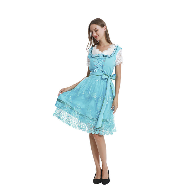 Damen nan romantisches Alpenkleid mit geschnürtem Mieder, Spitzeneinsatz und Taillenschärpe Drune
