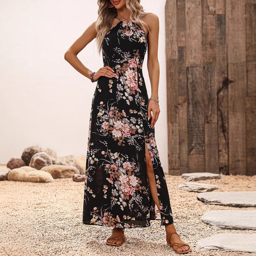 Damen Maxikleid mit eleganten Seitenschlitzen und floralen Akzenten Drune