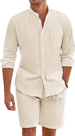 Herren Leichte und atmungsaktive Leinenhemden mit kurzer Hose Drune