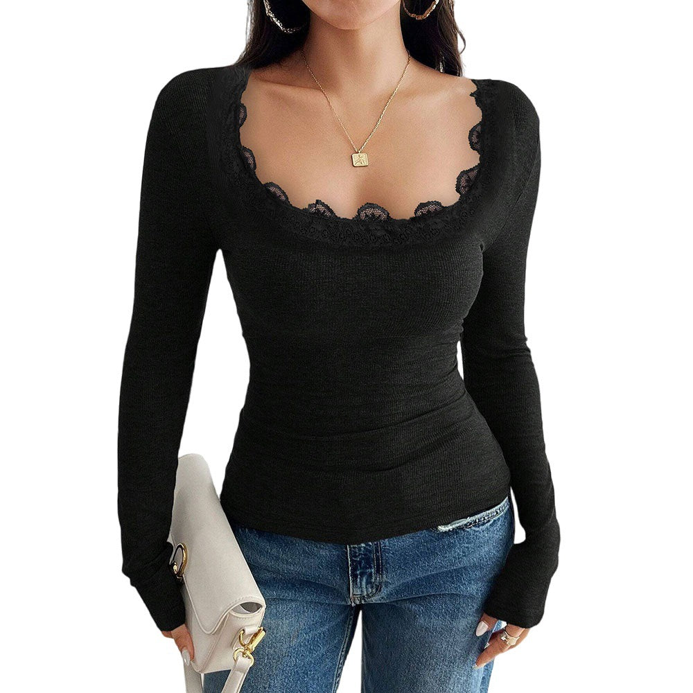 Damen Langarmshirt mit Spitzenrand und figurbetonter Passform Drune