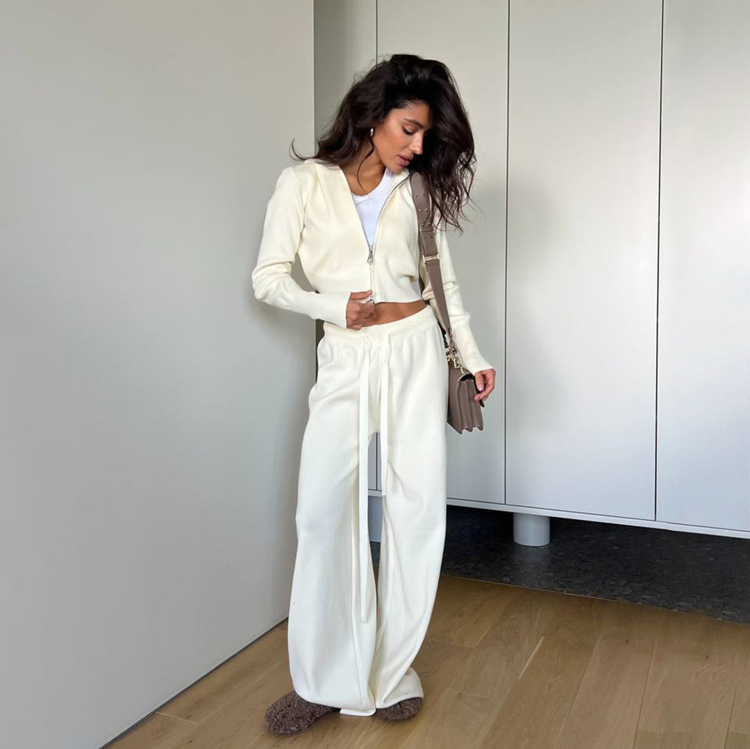 Damen Lässiges Strick-Set mit cropped Jacke und weitem Hosenstil Drune