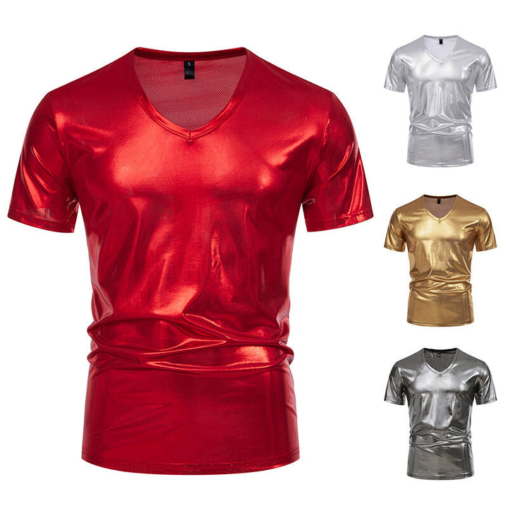 Herren Glänzendes Metallisches V-Ausschnitt T-Shirt Drune
