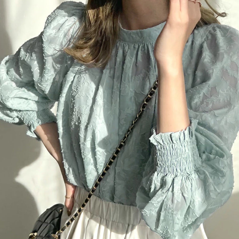 Damen elegantes Spitzenoberteil mit voluminösen Puffärmeln Drune