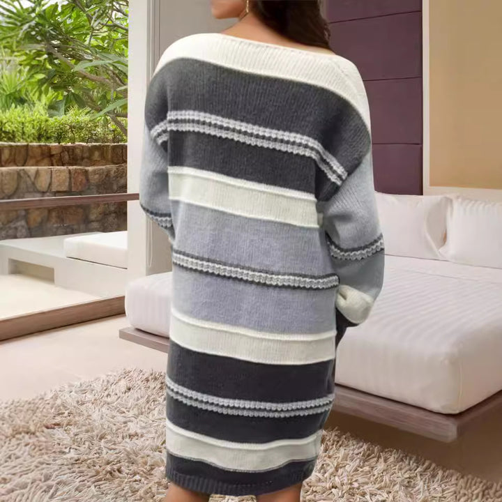 Damen Grobstrick-Kleid mit modischem Streifenmuster und weiten Ärmeln Drune
