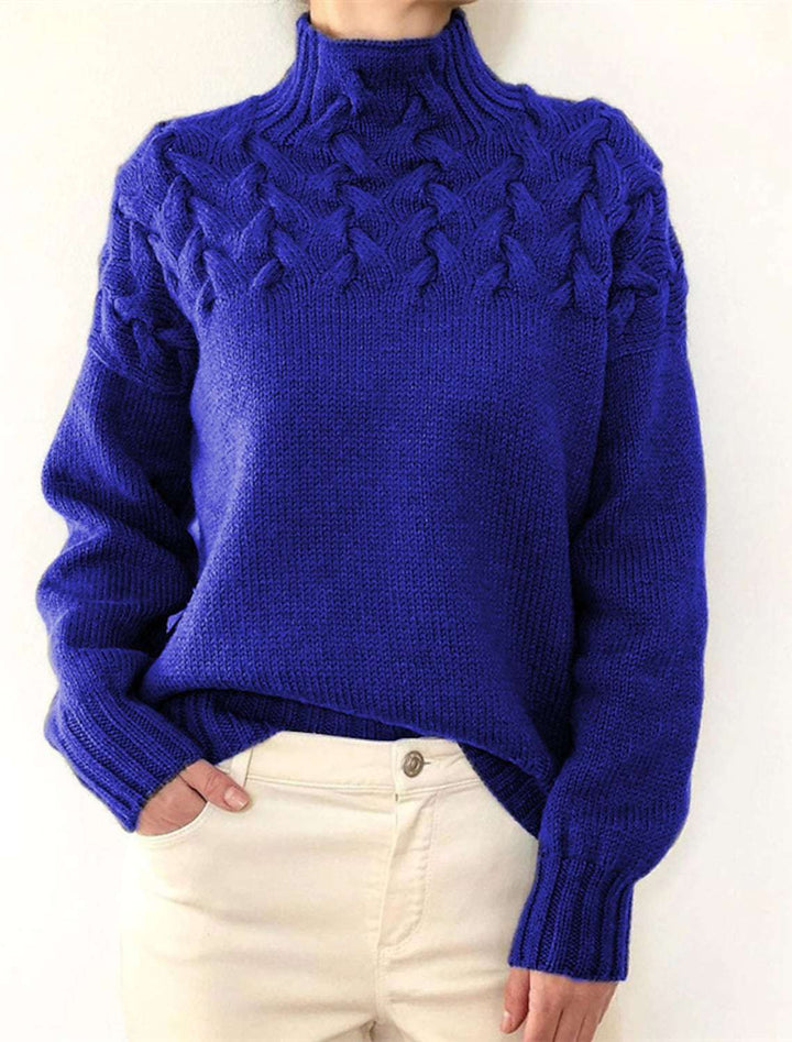 Damen Strickpullover mit dekorativem Zopfmuster und hohem Kragen Drune