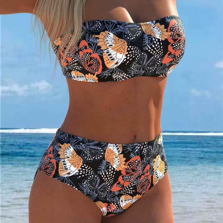 Damen Bandeau-Bikini mit hohem Taillenschnitt und kontrastierendem Blumendesign Drune