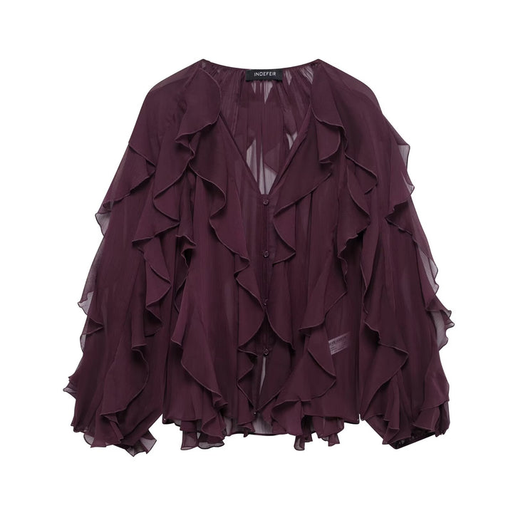 Damen nan feminine Chiffon-Volantbluse mit Ballonärmeln und V-Ausschnitt Drune
